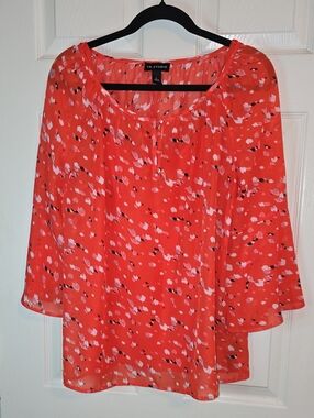 I.N. Studio Coral and White Printed Scoop-Neck Blouse